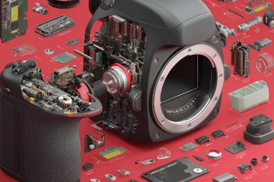 image of a photo camera surrounded with parts.