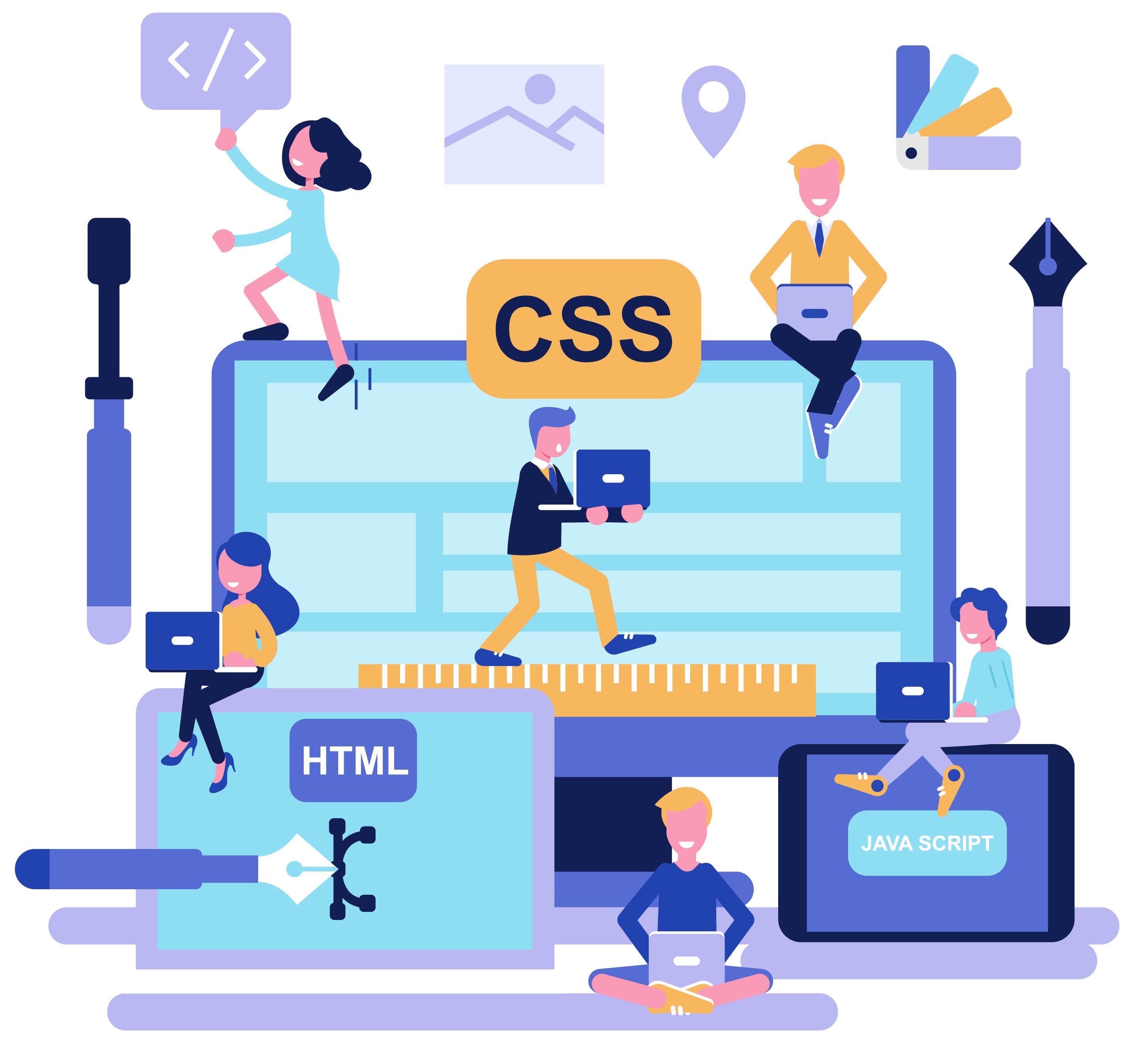 illustration of young people woking with website elements